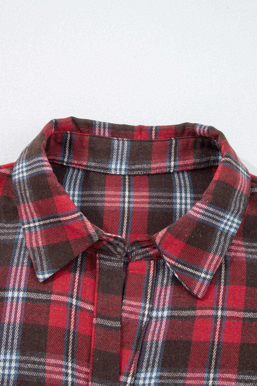 White Plaid Print Collared V Neck Loose Blouse with Side Slits Blouses b6bf1339e005dafe