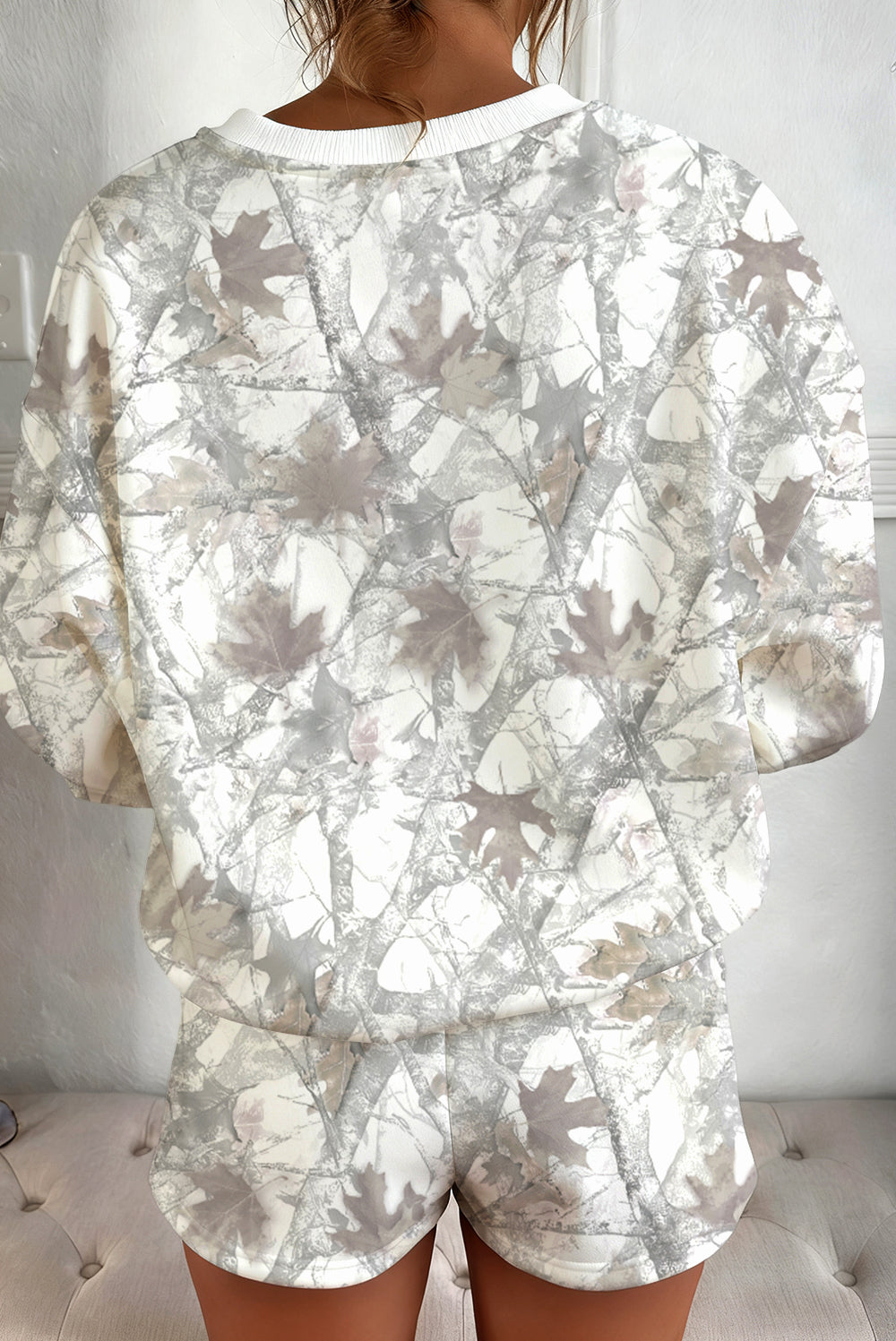 Light Grey Camouflage Print Round Neck Drop Sleeve Shorts Set Two Piece Shorts Sets b6ef4332acb29008