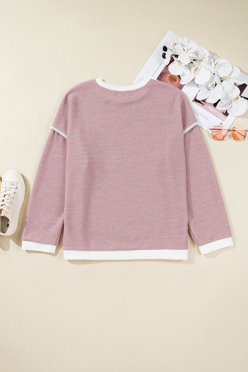 Light Pink Contrast Trim Knitted Drop Shoulder Plus Size Top Plus Size Tops b704376092e20496