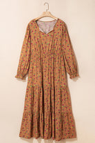 Brown Plus Size Floral Split V Neck Ruffled Sleeve Tiered Maxi Dress Plus Size Dresses b76b6d933f8fc607