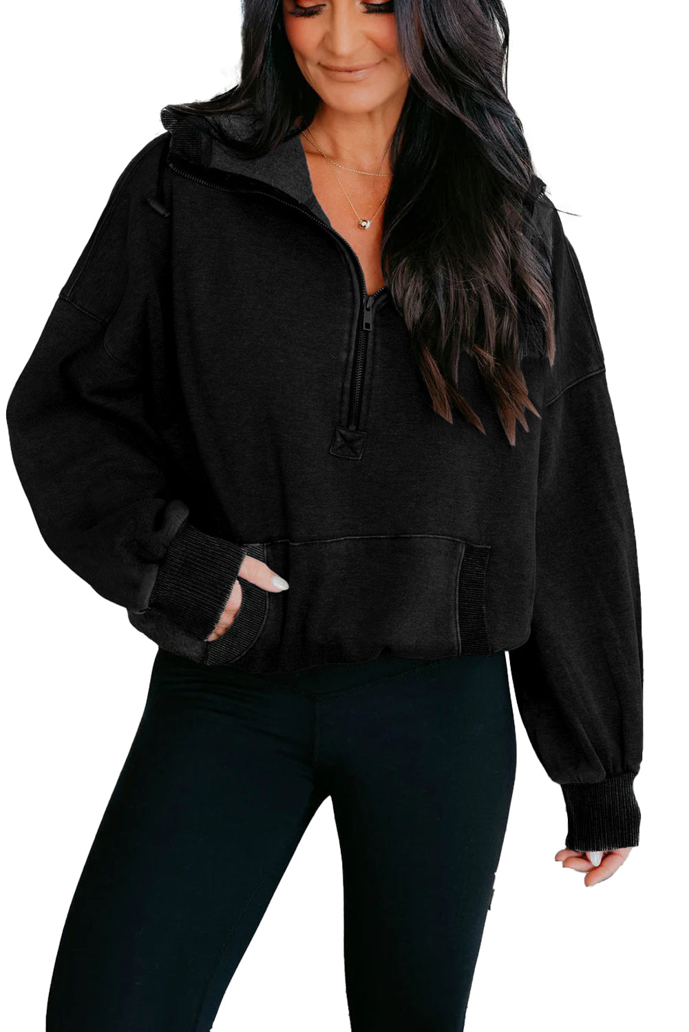 Black Half Zip Kangaroo Pocket Mineral Wash Baggy Hoodie Sweatshirts & Hoodies b79ba333559cf341