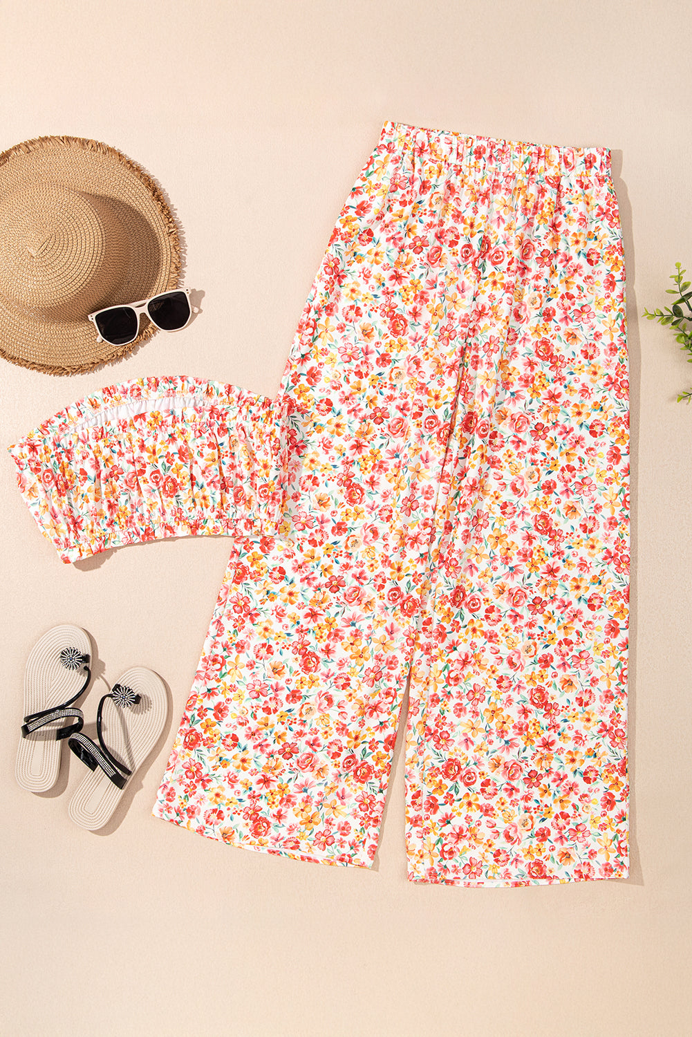 Pink Boho Floral Bandeau Top and High Waist Wide Leg Pants Set Two Piece Pants Sets b7a8836e6c0496af