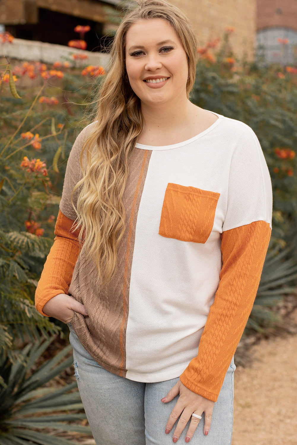 Chestnut Plus Size Pocket Textured Patchwork Top Plus Size Tops b7b5bff234329452