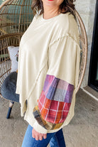 Beige Plus Size Plaid Patchwork Sleeve Pullover Top Plus Size Tops b7e559431a03a1f5