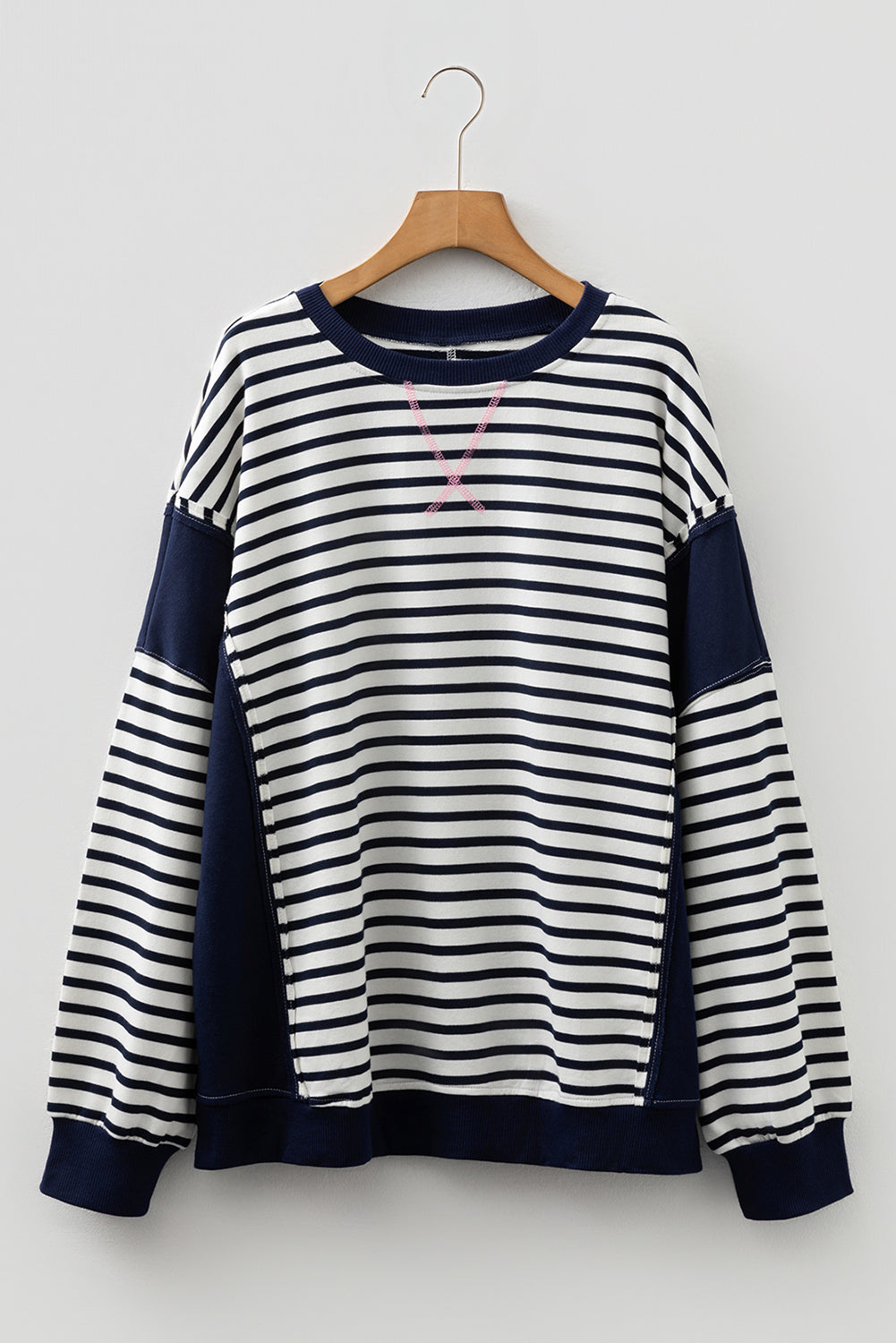 Blue Stripe Contrast Stitched Detail Color Block Patchwork Plus Size Sweatshirt Plus Size Tops b7ea6b90805597e2