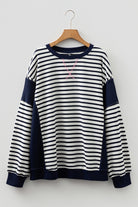Blue Stripe Contrast Stitched Detail Color Block Patchwork Plus Size Sweatshirt Plus Size Tops b7ea6b90805597e2