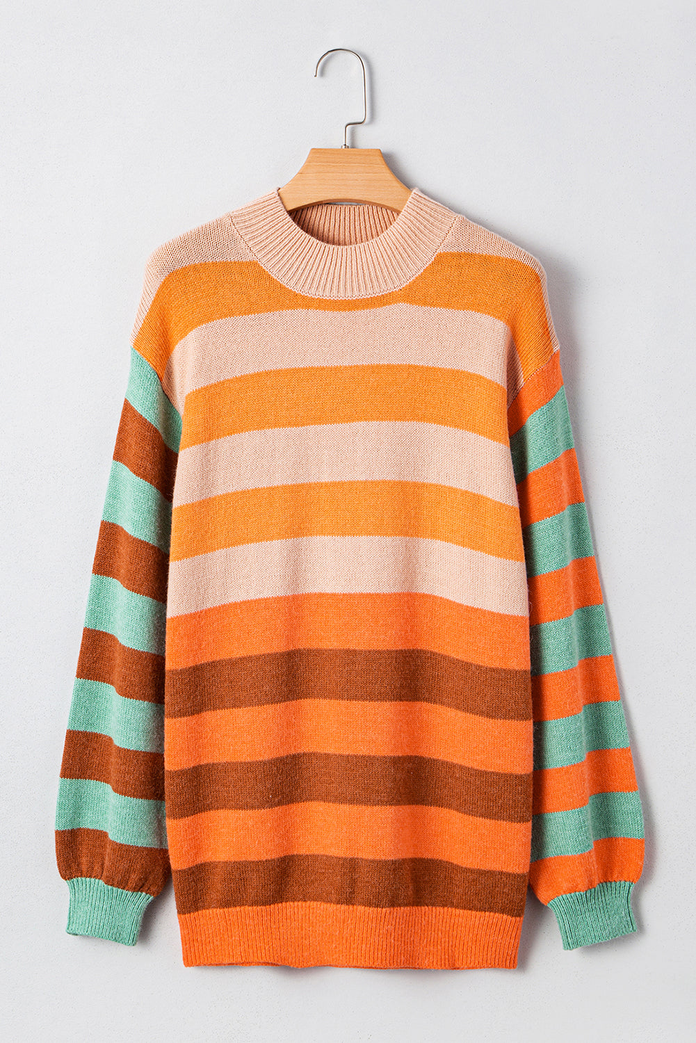 Orange Striped Colorblock High Neck Drop Shoulder Cozy Sweater Sweaters b7fc8e39102b8caa