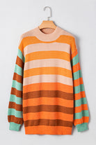 Orange Striped Colorblock High Neck Drop Shoulder Cozy Sweater Sweaters b7fc8e39102b8caa