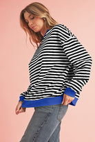 Blue Stripe Contrast Edge Cross Seam Oversized Pullover Sweatshirts & Hoodies b82046a743eb53da