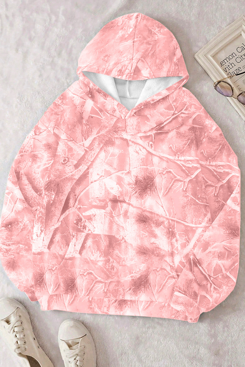 Light Pink Camouflage Plant Print Kangaroo Pocket Oversized Hoodie Sweatshirts & Hoodies b823bda86947af43