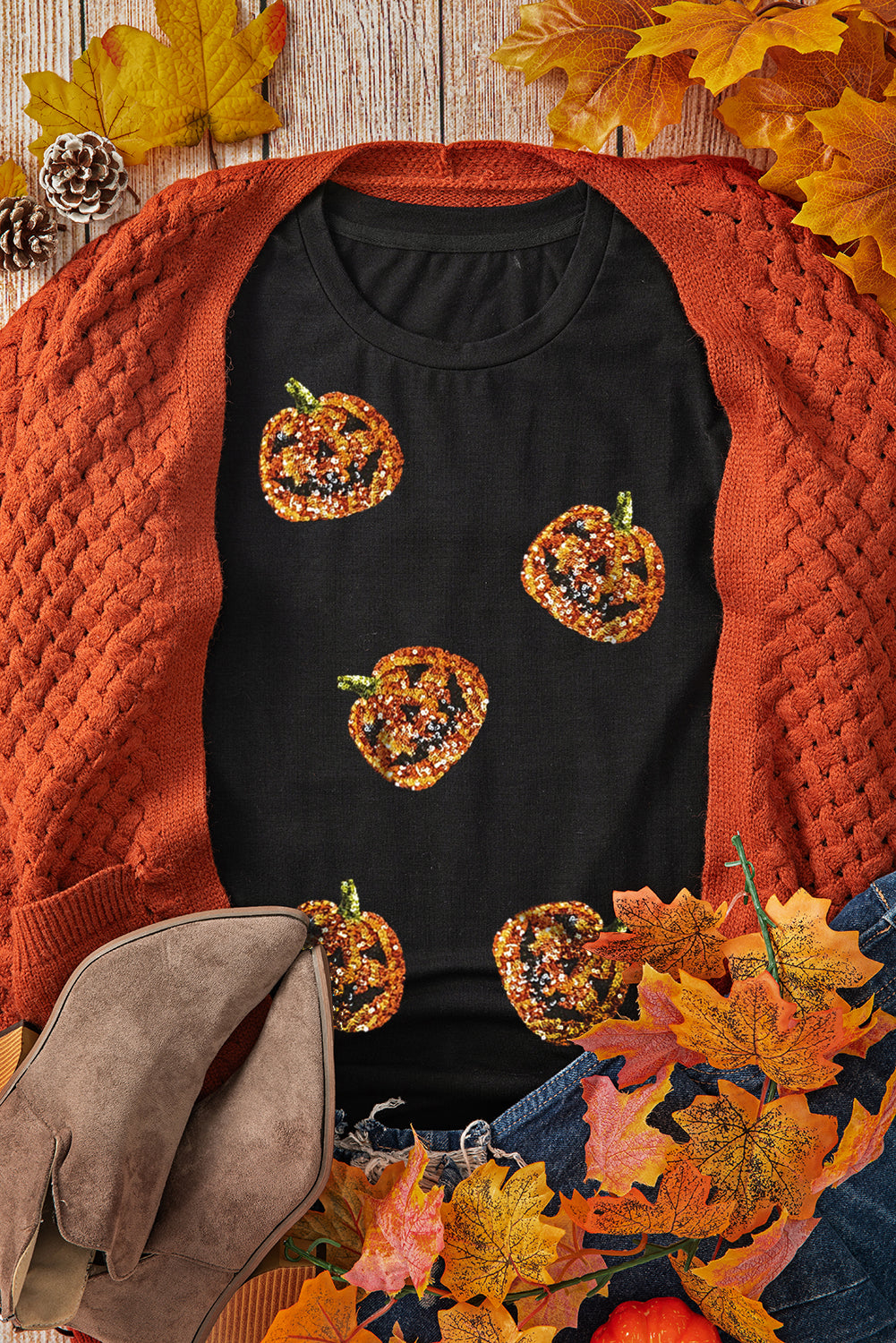 Black Halloween Sequin Pumpkin Face Graphic T Shirt Graphic Tees b836339242fa6e33