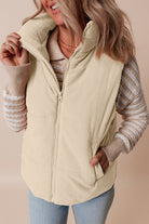 Beige Corduroy Stand Neck Zipped Puffer Vest Vests b85cee0e4bc44fd5
