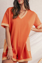 Russet Orange Two Tone Short Sleeve V Neck Patched Pocket Loose Romper Rompers b898939ac310abc5