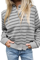 Gray Stripe Button Front Ribbed Trim Short Cardigan Cardigans b8ab6b80fc7cfdf9
