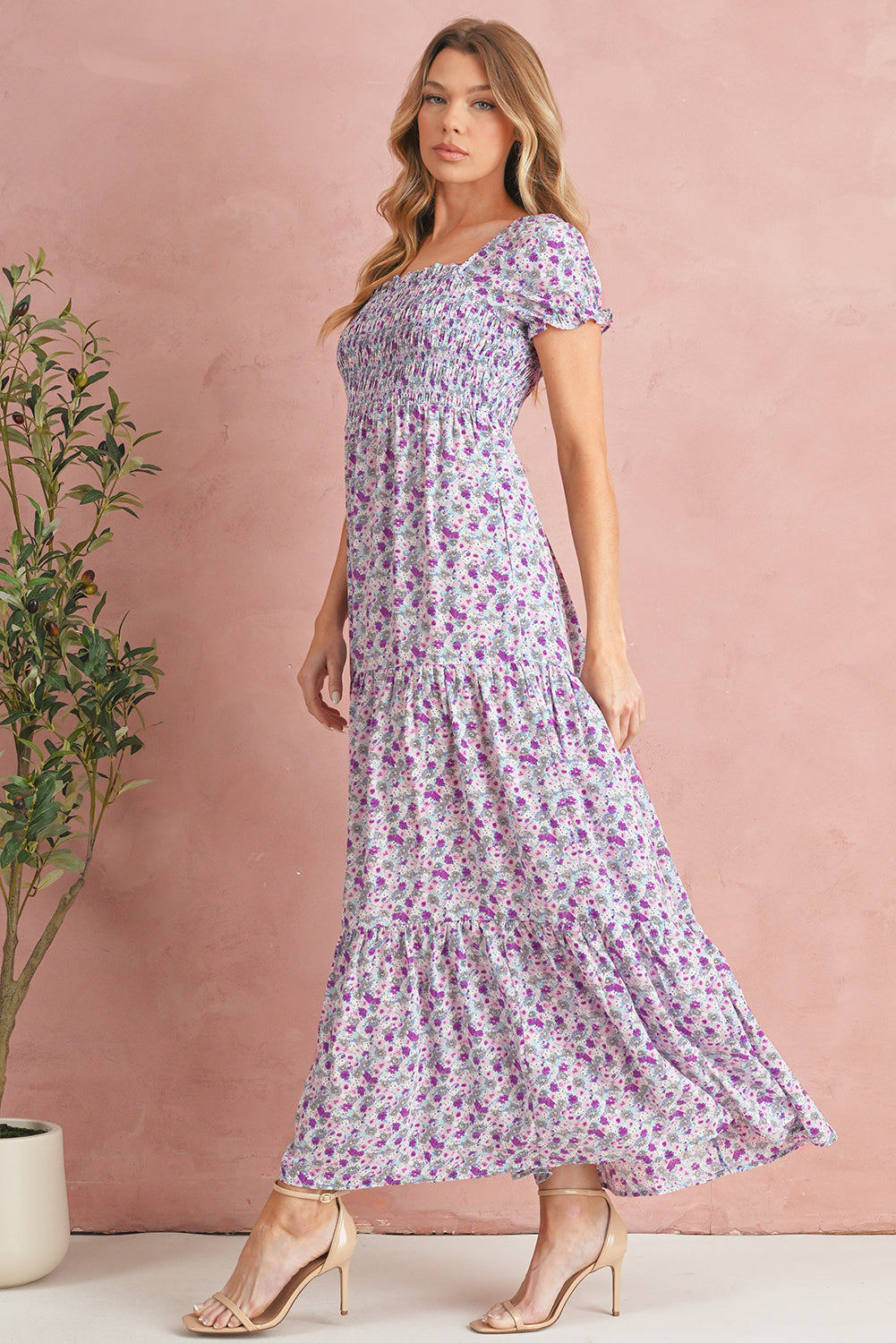 Purple Floral Short Bubble Sleeve Smocked High Waist Maxi Dress Maxi Dresses b8ace1ae3b37174c