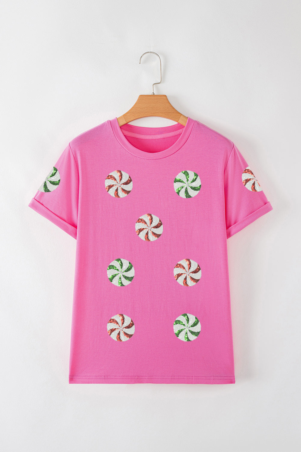 Sachet Pink Peppermint Candy Pattern Sequins Patch Christmas Custom T Shirt Graphic Tees b8b93278916d861f