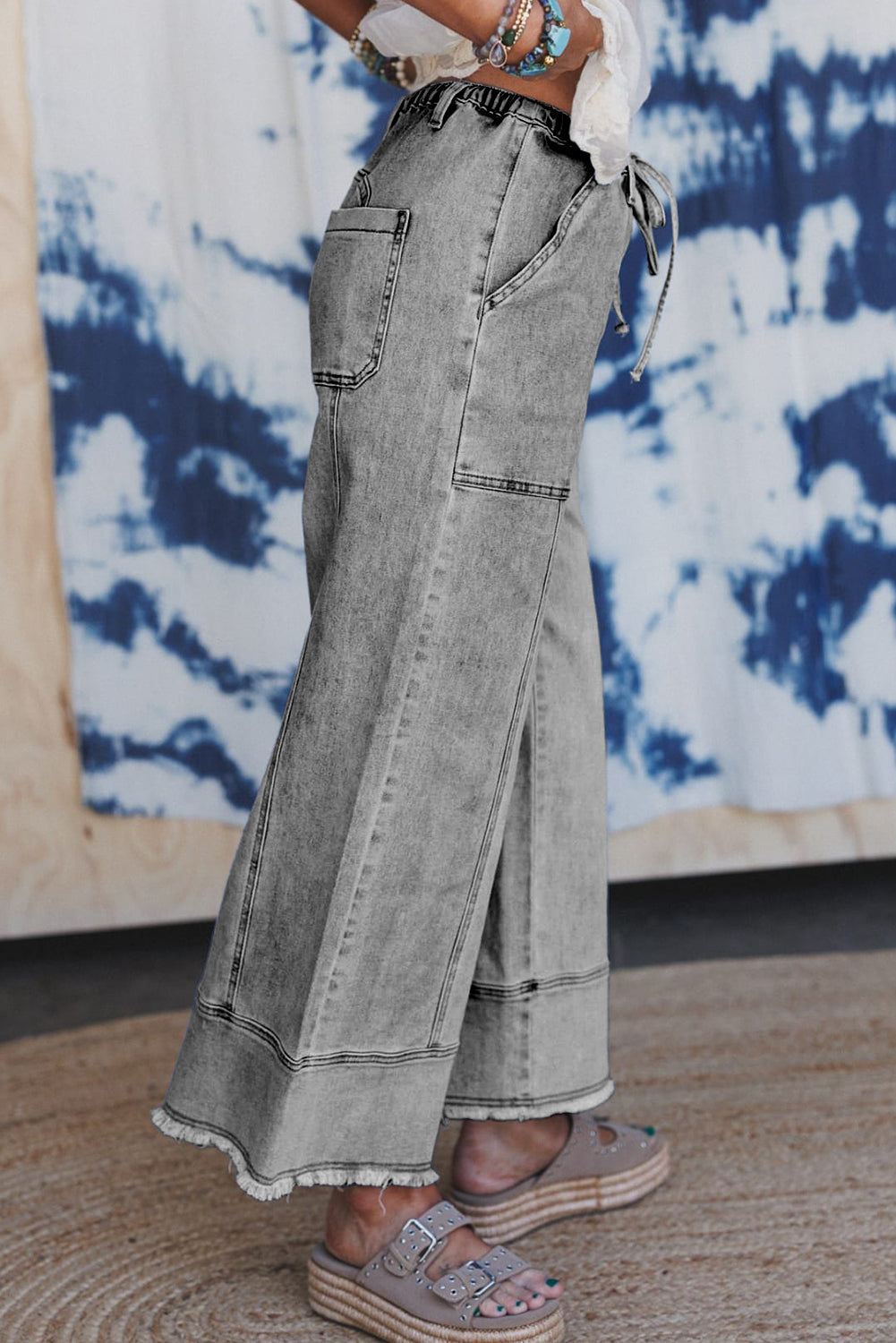 Prussian Blue Drawstring Seam Detail Raw Hem Wide Leg Jeans Jeans b8c812c88d69cfce