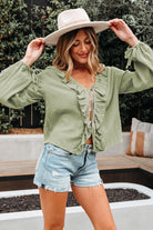 Meadow Mist Green Bow Tie Front Ruffle Trim V Neck Long Sleeve Blouse Blouses b8e925ae5c7286e2