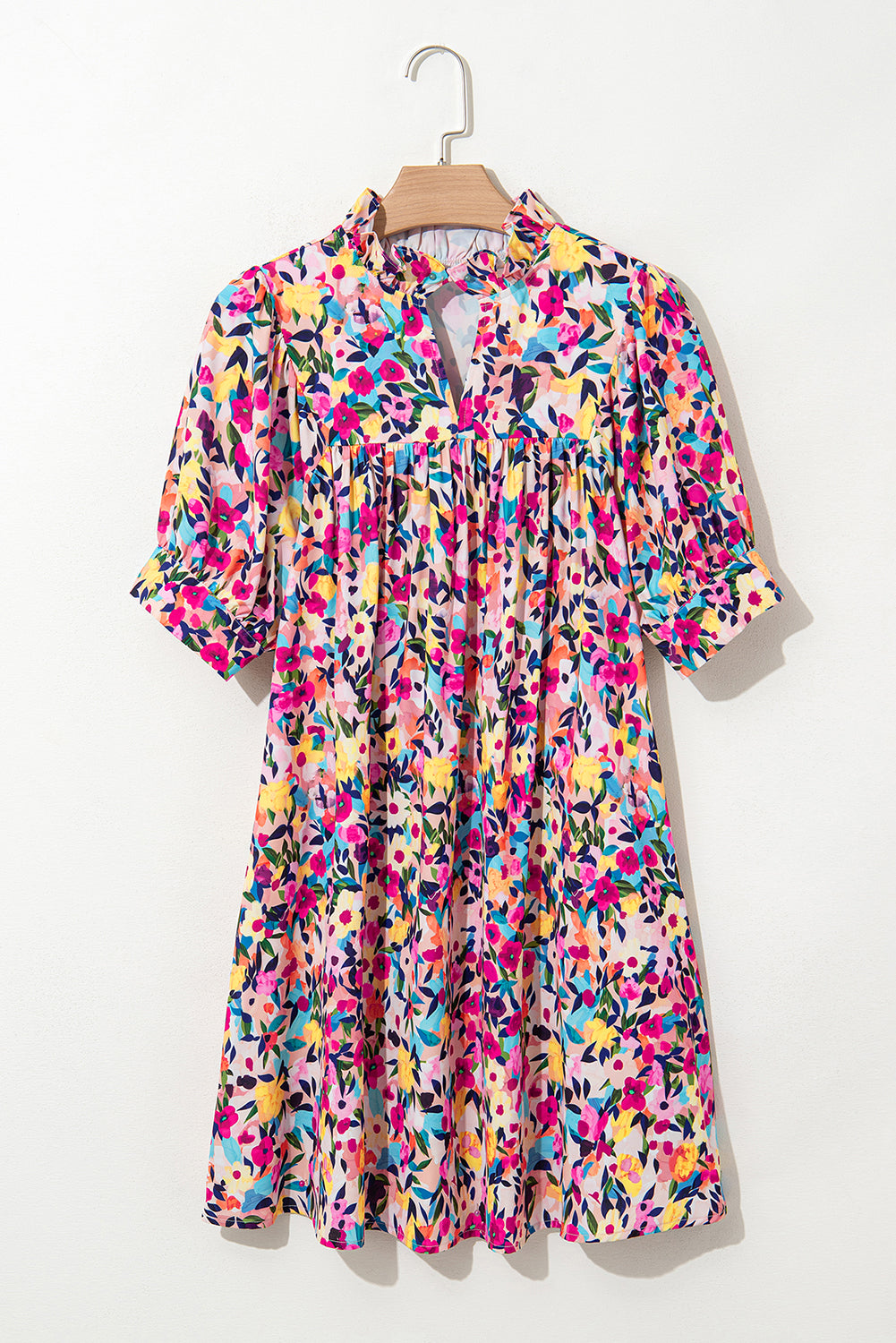 Pink Floral Puff Short Sleeve V Neck Mini Dress Short Dresses b8ee3cf6d293bdfb