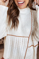 White Mix Texture Patchwork Contrast Stitch Mock Neck Sweater Sweaters b93f7bb24892e316