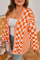 Orange Checkered Plus Size Drop Shoulder Knit Cardigan Plus Size Sweaters&Cardigans b9495a1457909680