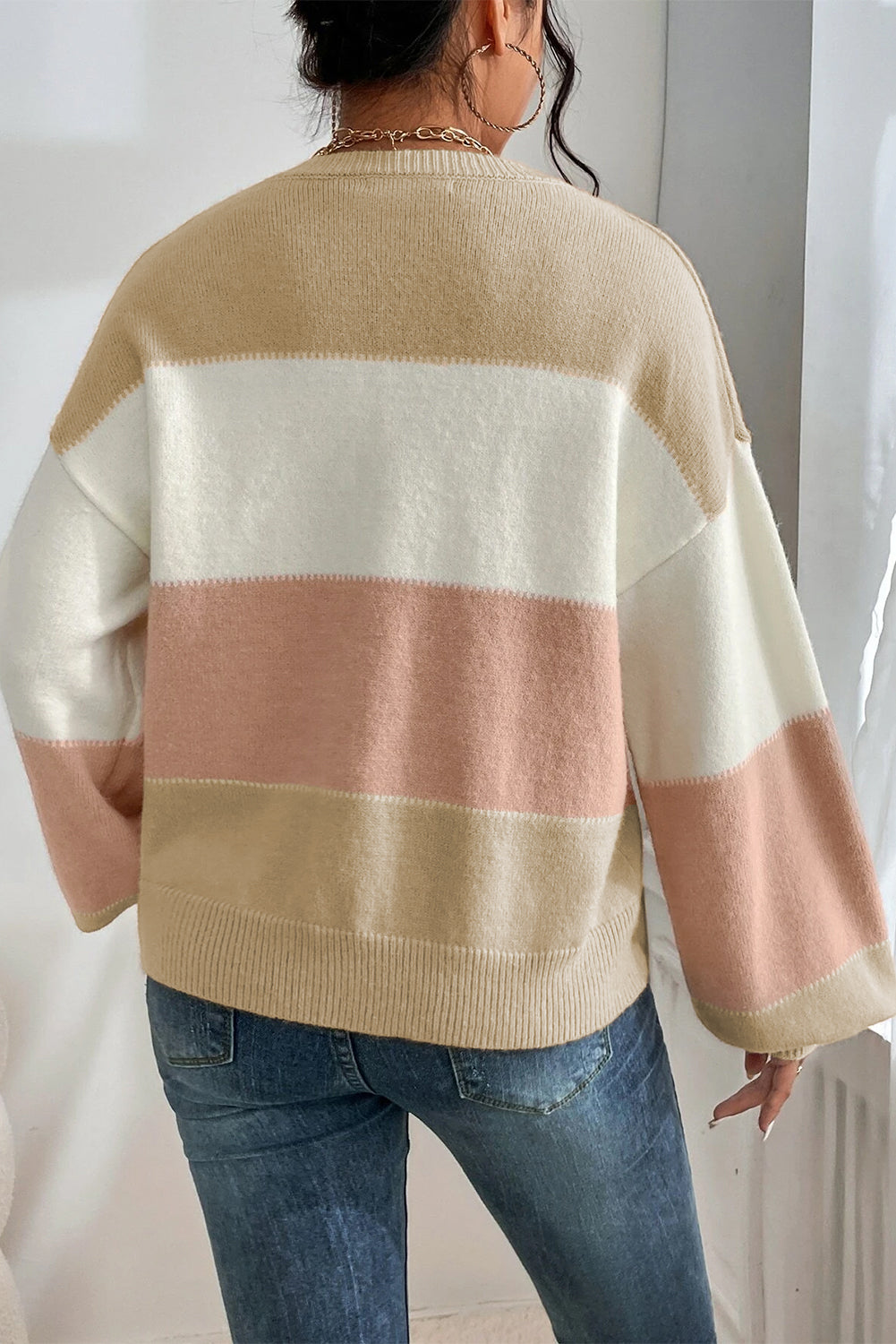 Dusty Pink Color Block Lantern Sleeve Drop Shoulder Sweater Sweaters b97ff291cc1ec84f