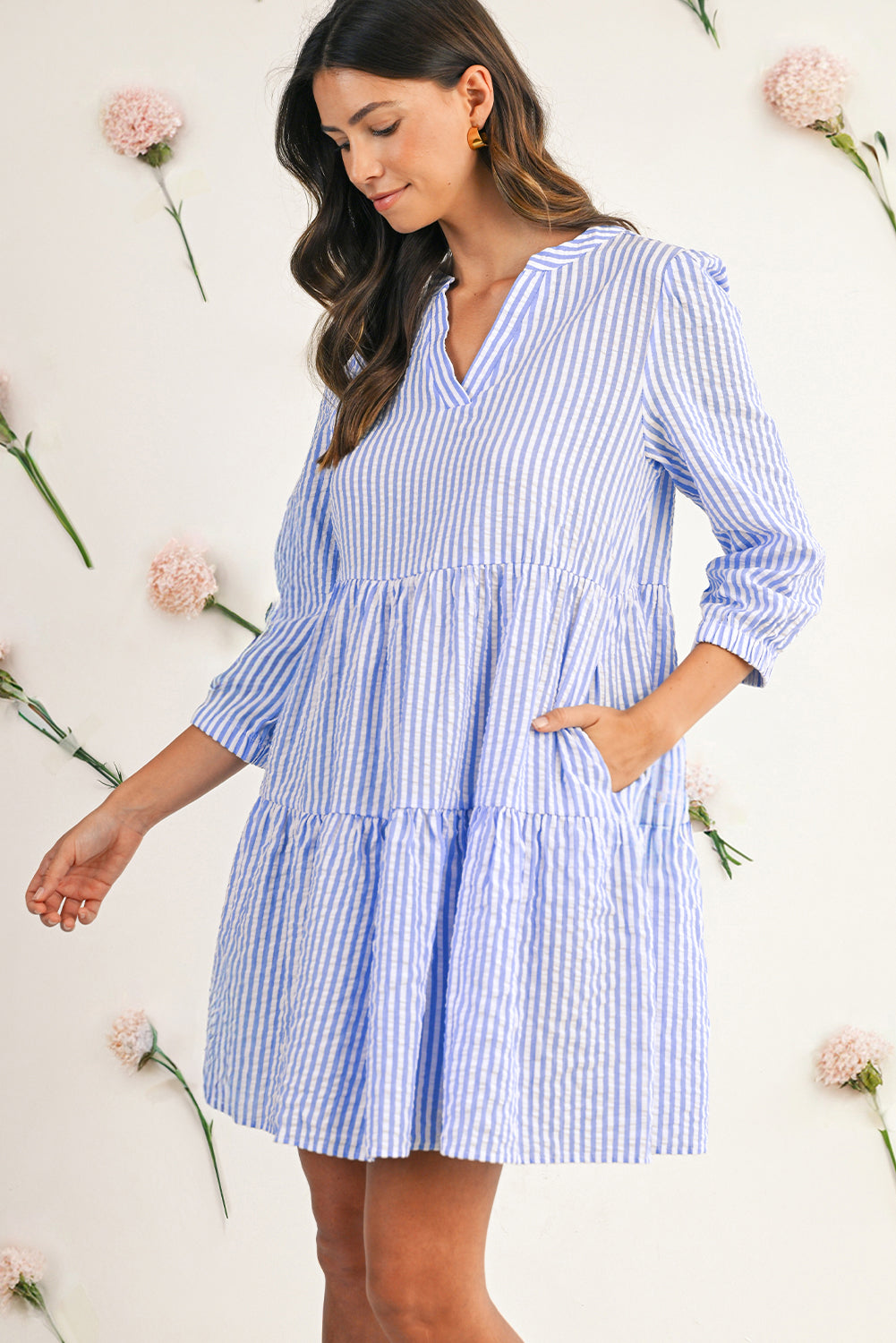 Sky Blue Striped Textured Bracelet Sleeve Tiered Mini Dress Short Dresses b98cb493e91d38c2