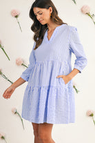 Sky Blue Striped Textured Bracelet Sleeve Tiered Mini Dress Short Dresses b98cb493e91d38c2