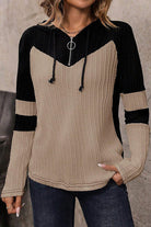 Parchment Textured Patchwork Long Sleeve Hooded Top Long Sleeve Tops b99f4427fca32c74
