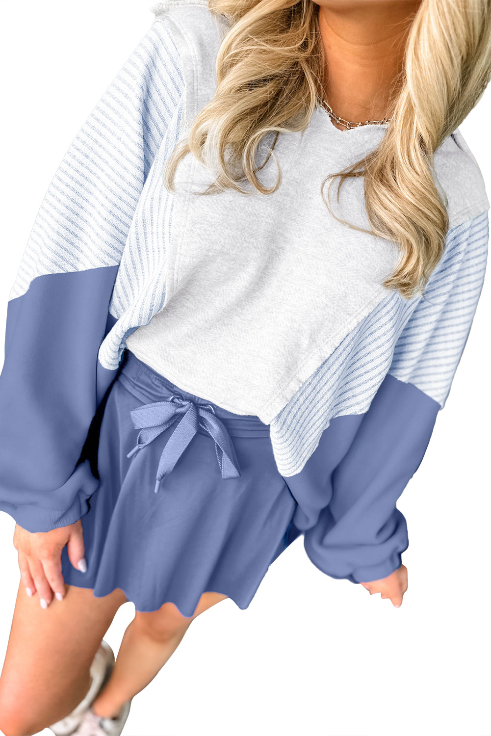 Light Grey Oversized Striped Colorblock Dolman Sleeve Collared Casual Top Long Sleeve Tops b9db8f1c05a0af99