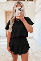 Black Cropped Tee and Ruffle High Waist Skort Set Two Piece Shorts Sets b9f19a6a5ceb1d50