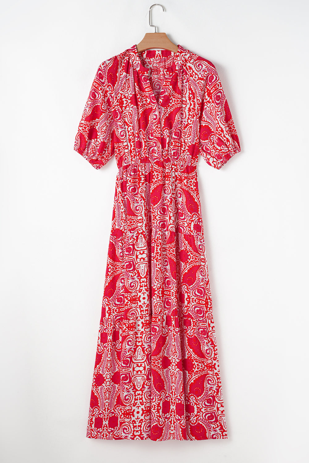 Red Paisley Print Side Slit Puff Sleeve High Waist Maxi Dress Maxi Dresses ba25ae74d5ec8d10