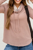 Apricot Pink Horizontal Twist Ribbed Drawstring Cowl Neck Knit Top Long Sleeve Tops ba2b98ea54ff3115