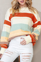 White Striped Color Block Drop Shoulder Knit Sweater Sweaters ba37042ac9ec5c57