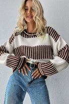 Brown Two Tone Striped Patchwork Drop Shoulder Sweater Sweaters ba3f1583d51337f5