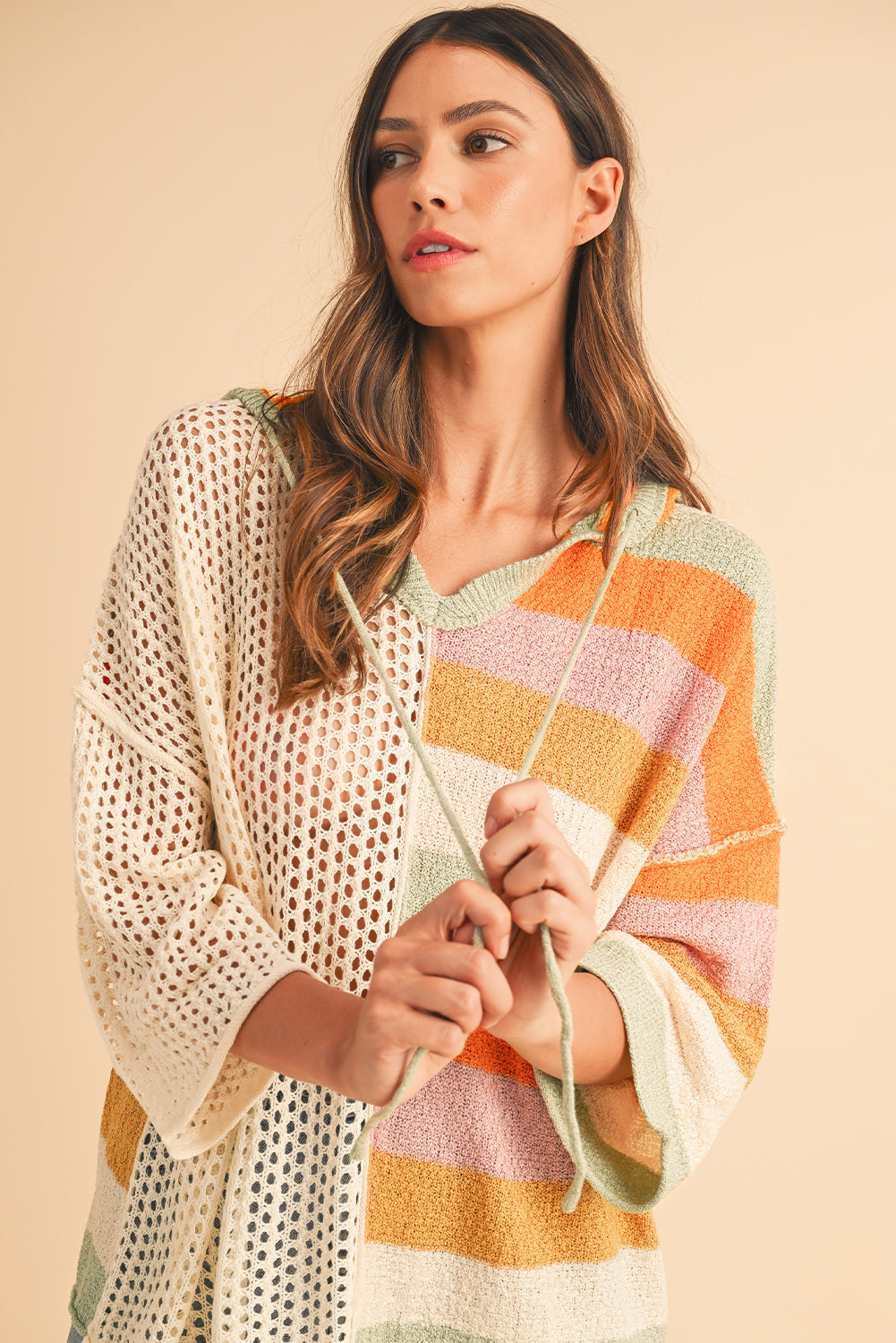 Beige Oversized Colorblock V Neck Hooded Sweater Sweaters ba576fb8b1f8ca96