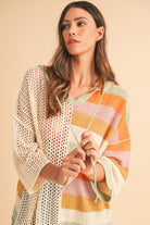 Beige Oversized Colorblock V Neck Hooded Sweater Sweaters ba576fb8b1f8ca96