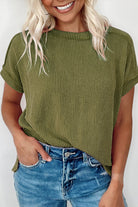 Medium Grey Crinkle Rib Knit Exposed Seam Round Neck T-shirt T Shirts ba5e710a06b49a4a