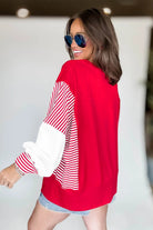 Fiery Red Striped Patchwork Sleeve Colorblock Sweatshirt Sweatshirts & Hoodies ba6ee47850b1bf82