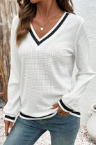 White Textured Knit Preppy Striped Trim V Neck Pullover Waffle Top Long Sleeve Tops ba75c802e675b09d