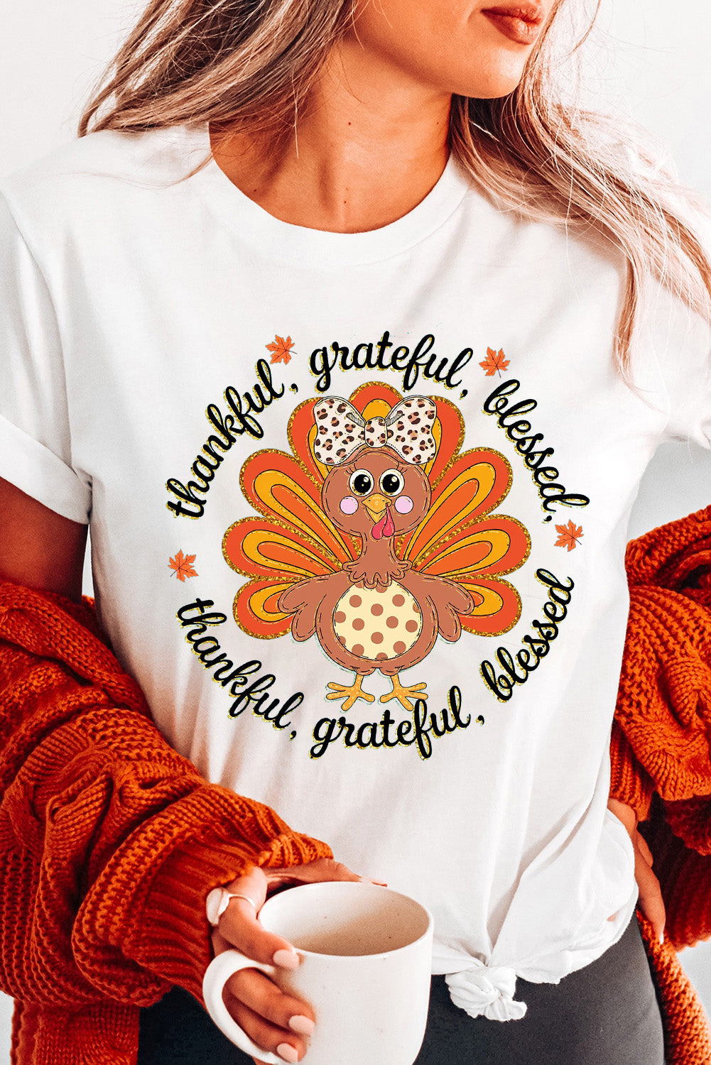 White Thanksgiving Cute Turkey Heat Transfer Printing Cotton Blend T Shirt Graphic Tees ba78b3227bdb7f74