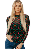 Black Western Aztec Printed Long Sleeve Mesh Top Long Sleeve Tops ba7f02eae6d14a3f