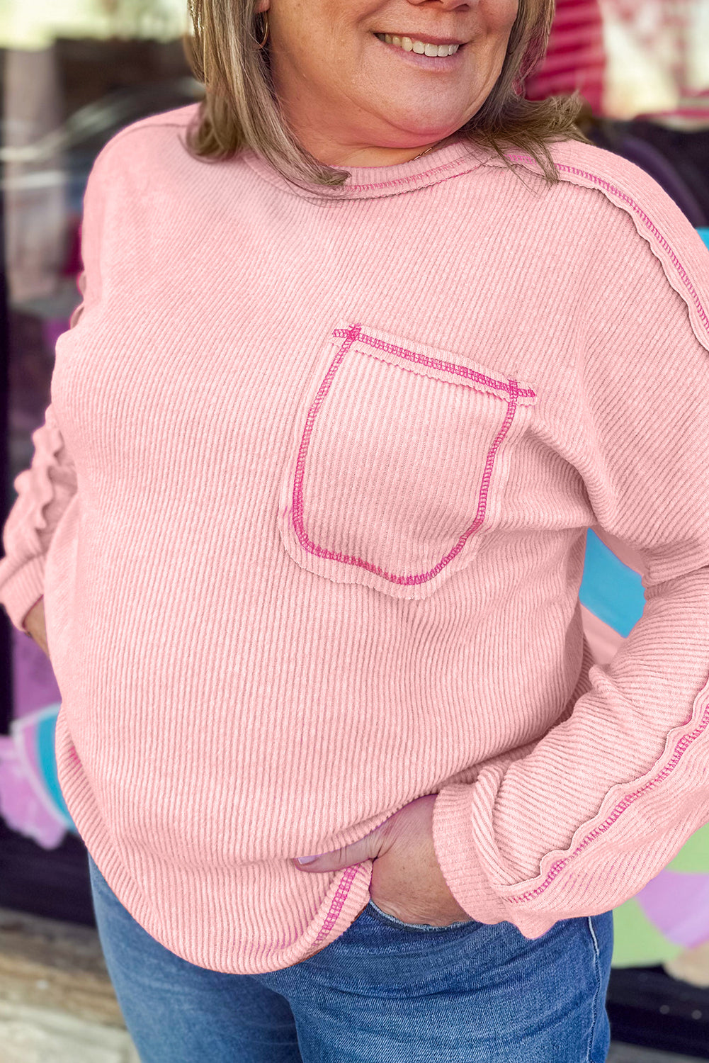 Bonbon Ribbed Exposed Seam Chest Pocket Plus Size Long Sleeve Top Plus Size Tops bac3c72fcf5c4a6c