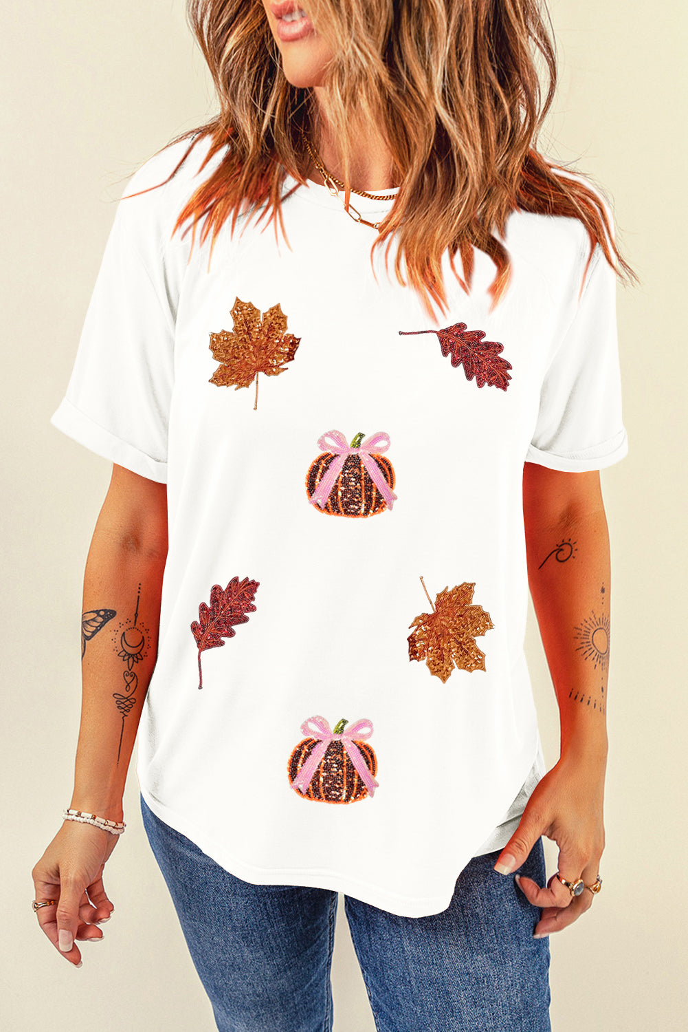 White Pumpkin Leaves Sequins Patch Fall Vibe Graphic T Shirt Graphic Tees bac5819d18e345b3