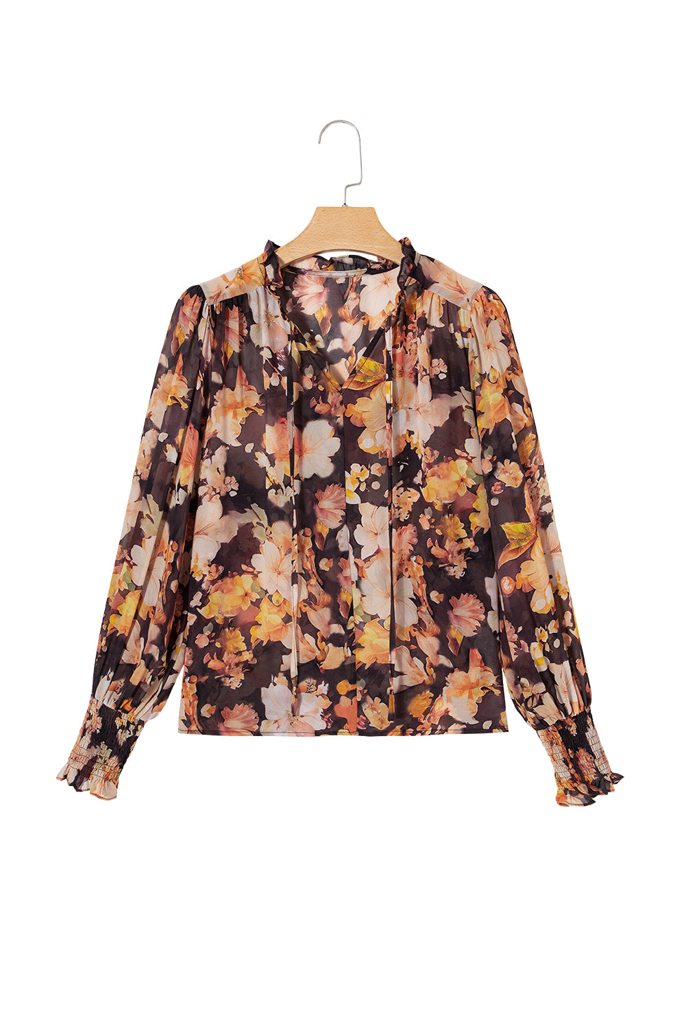 Black Floral V Neck Long Puff Sleeve Breezy Blouse Blouses badc30ec55686082