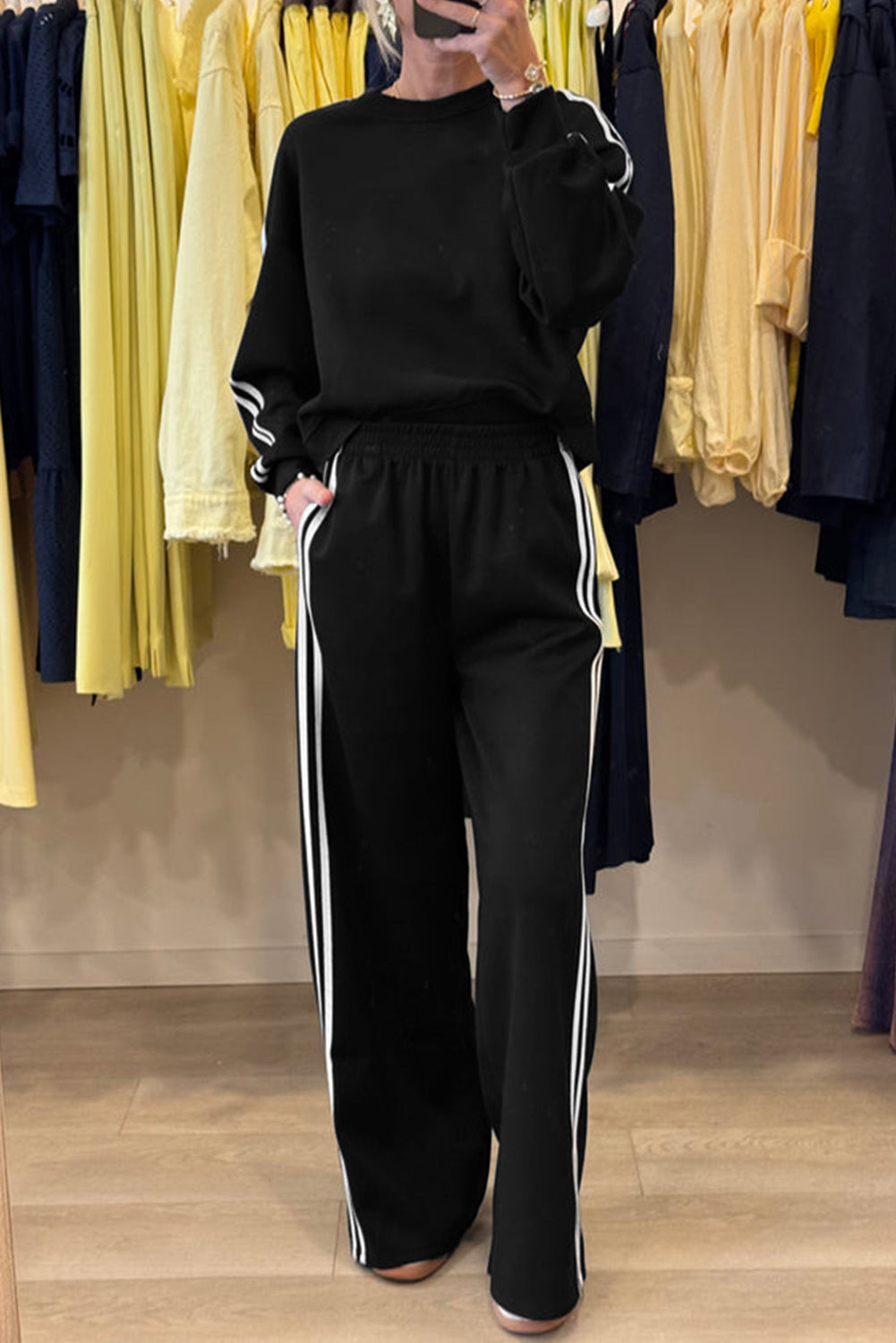 Dirty Blue Varsity Striped Detail Cropped Pullover Wide Leg Pants 2pcs Outfit Two Piece Pants Sets baeb568a759891c7