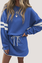 Sky Blue Varsity Stripe Detail Drop Shoulder Pullover Mini Skort Set Two Piece Shorts Sets bb078707a8d4b524