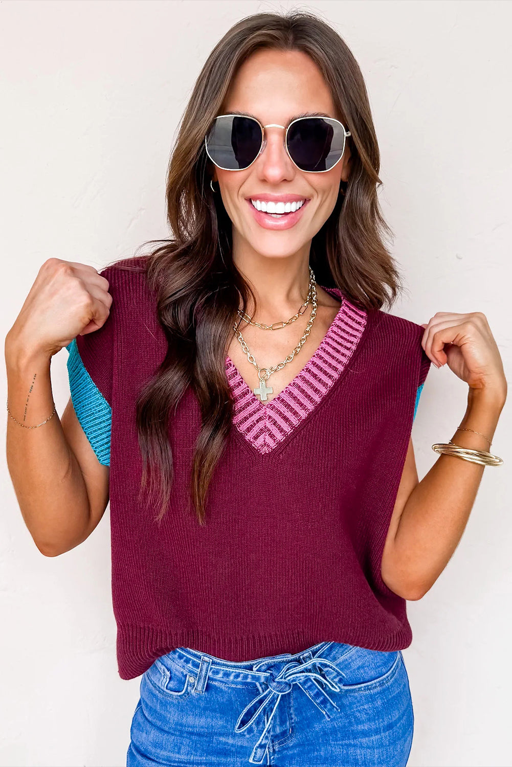 Burgundy Contrast Trim V Neck Cuffed Short Sleeve Loose Sweater Short Sleeve Sweater bb28081532a0be25