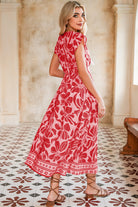 Red Boho Floral V-Neck Ruffle Shoulder Maxi Dress Maxi Dresses bb3a5edde18bd52f