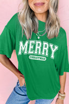 Bright Green MERRY CHRISTMAS Letter Heat Transfer Printing Graphic Tee Graphic Tees bb486243063b8b24